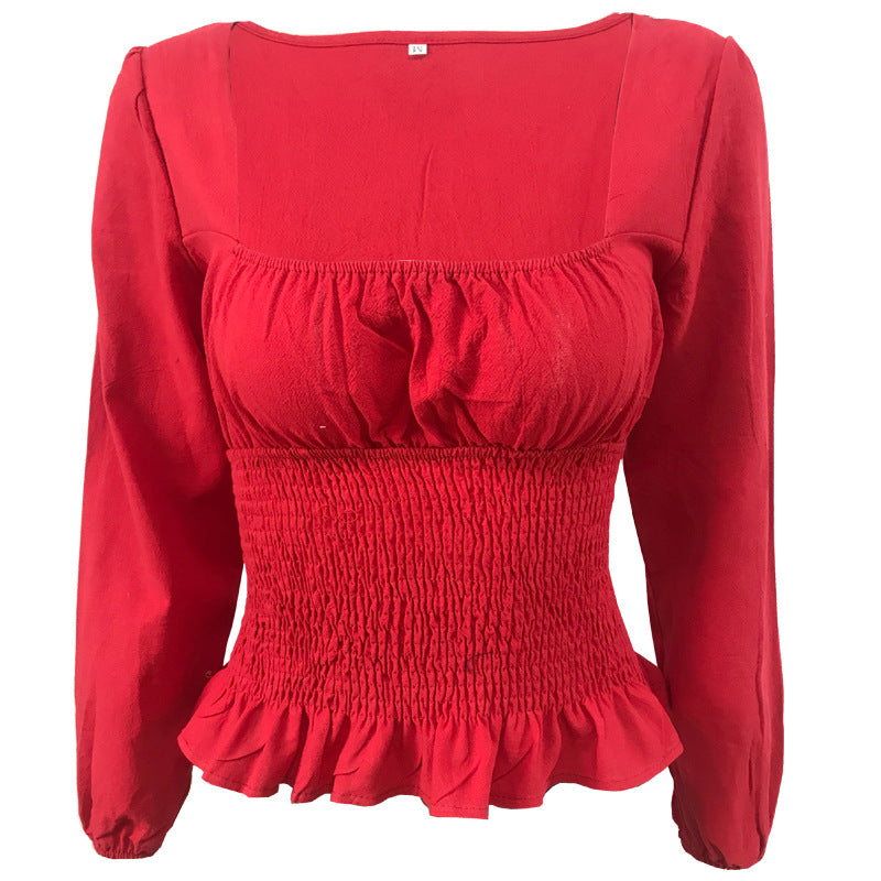 Fashion Square Neckline Long Sleeves T Shirts for Women-Shirts & Tops-Red-S-Free Shipping Leatheretro