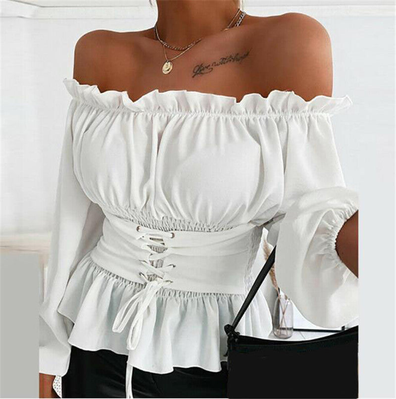 Casual Long Sleeves Off The Shoulder Shirts-Shirts & Tops-White-XS-Free Shipping Leatheretro