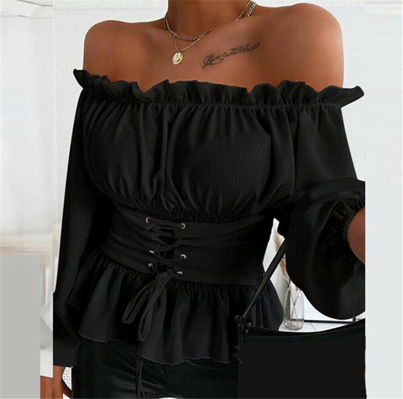 Casual Long Sleeves Off The Shoulder Shirts-Shirts & Tops-Black-XS-Free Shipping Leatheretro