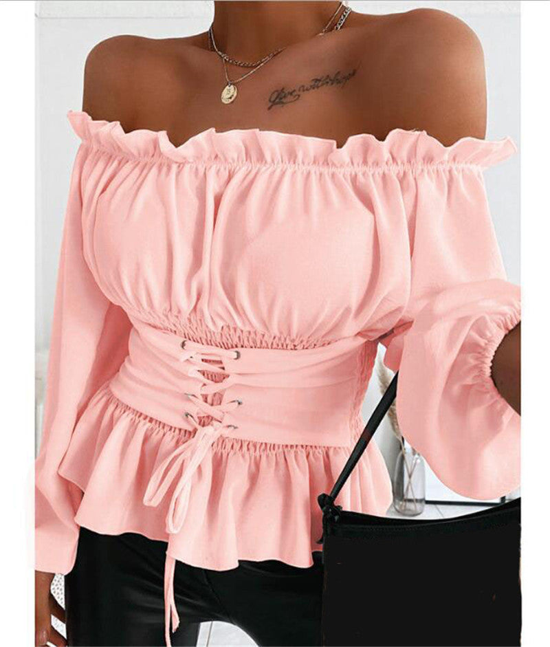 Casual Long Sleeves Off The Shoulder Shirts-Shirts & Tops-Pink-XS-Free Shipping Leatheretro