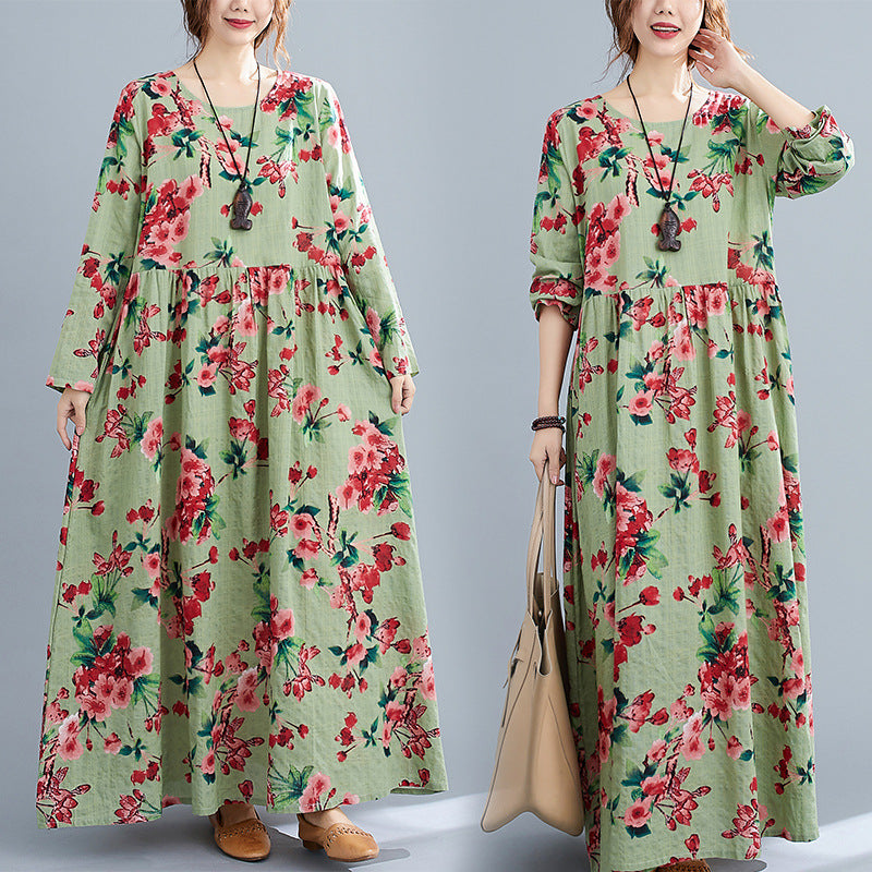 Vintage Linen Long Sleeves Spring Dresses-Dresses-Green Flower-XL-Free Shipping Leatheretro