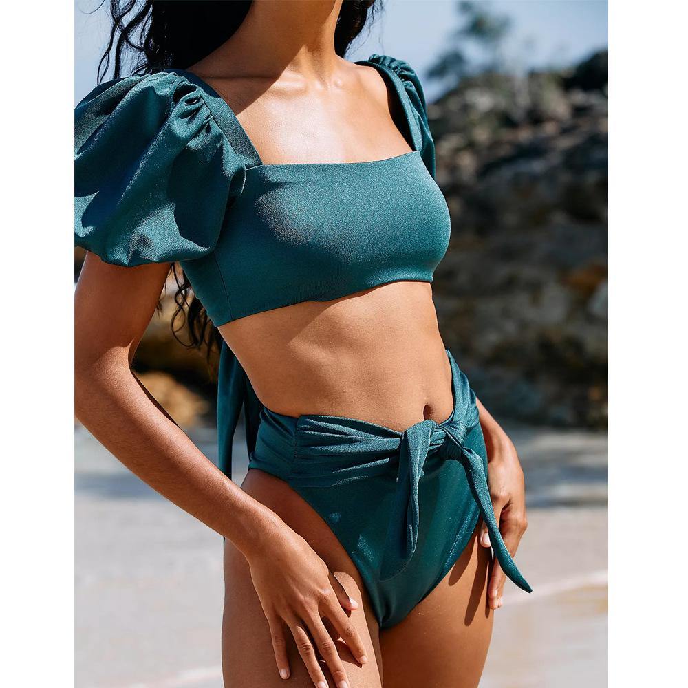 Puff Sleeves Summer Beach Swimsuits-Women Swimwear-Blue-S-Free Shipping Leatheretro