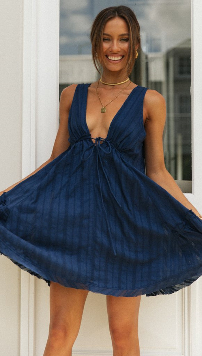 Sexy V Neck Drawstring Irregular Mini Dresses-Dresses-Navy Blue-S-Free Shipping Leatheretro