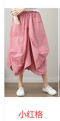 Causal Elastic Waist Linen Plus Sizes Skirts-Skirts-Red Plaid-One Size-Free Shipping Leatheretro