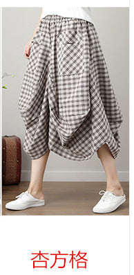 Causal Elastic Waist Linen Plus Sizes Skirts-Skirts-Apricot Plaid-One Size-Free Shipping Leatheretro