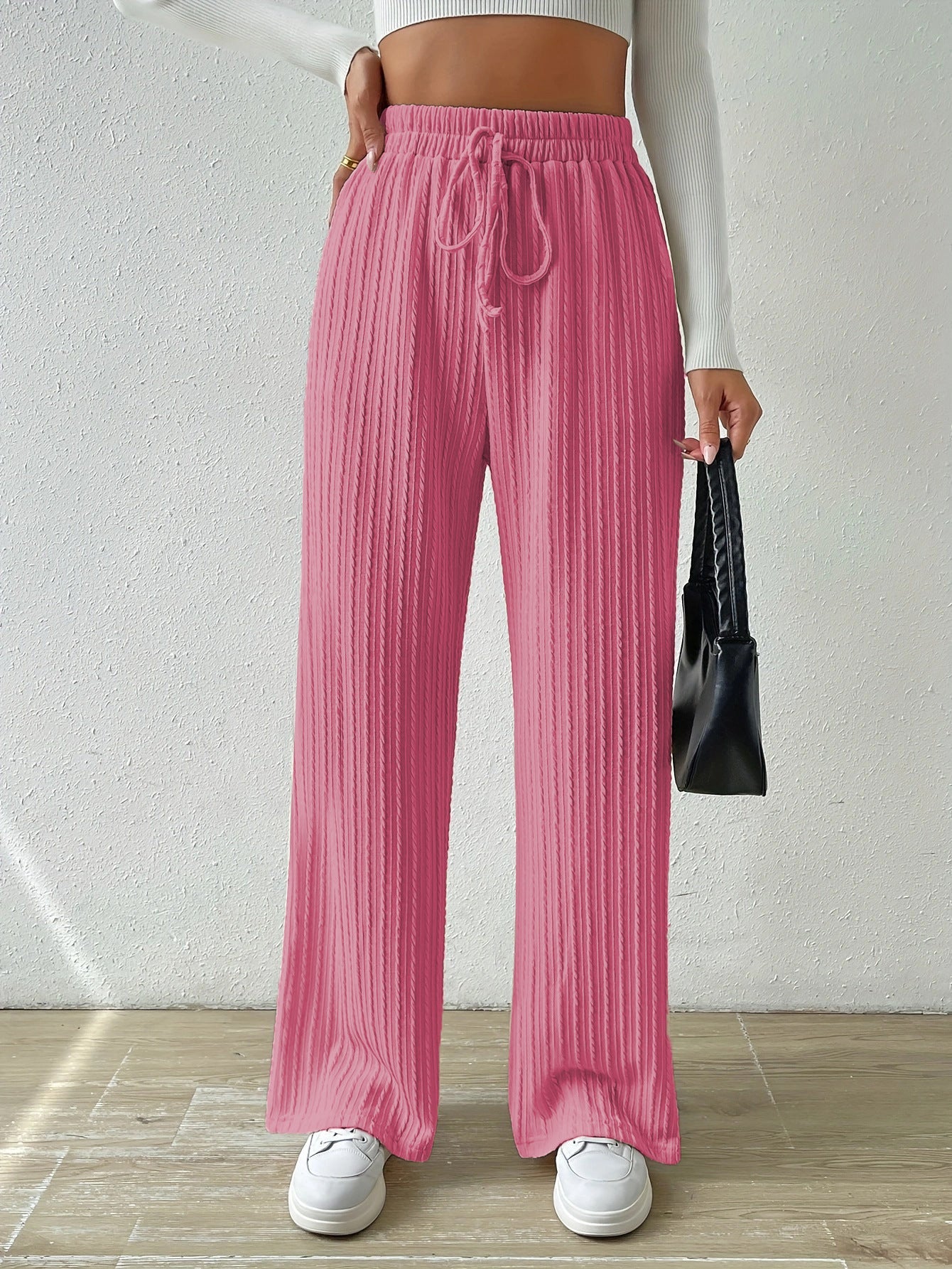 Casual Elastic High Waist Wide Legs Pants for Women-Pants-Pink-S-Free Shipping Leatheretro