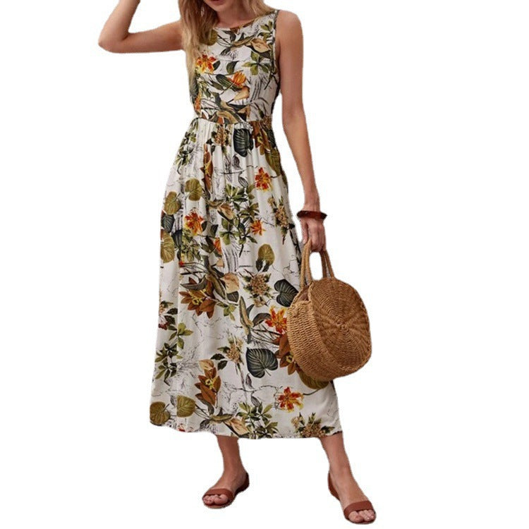 Fashion Floral Print Sleeveless Summer Long Dresses-Dresses-Apricot-S-Free Shipping Leatheretro