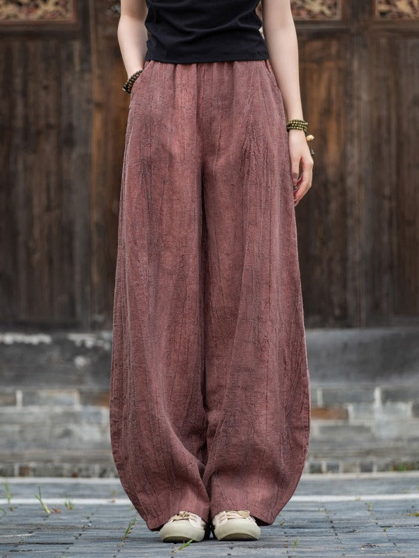 Casual Dyed Linen Wide Legs Pants-Pants-Red-S-Free Shipping Leatheretro