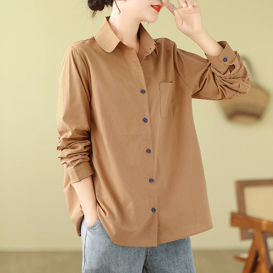 Casual Turnover Collar Linen Long Sleeves Shirts-Shirts & Tops-Pink-M-Free Shipping Leatheretro