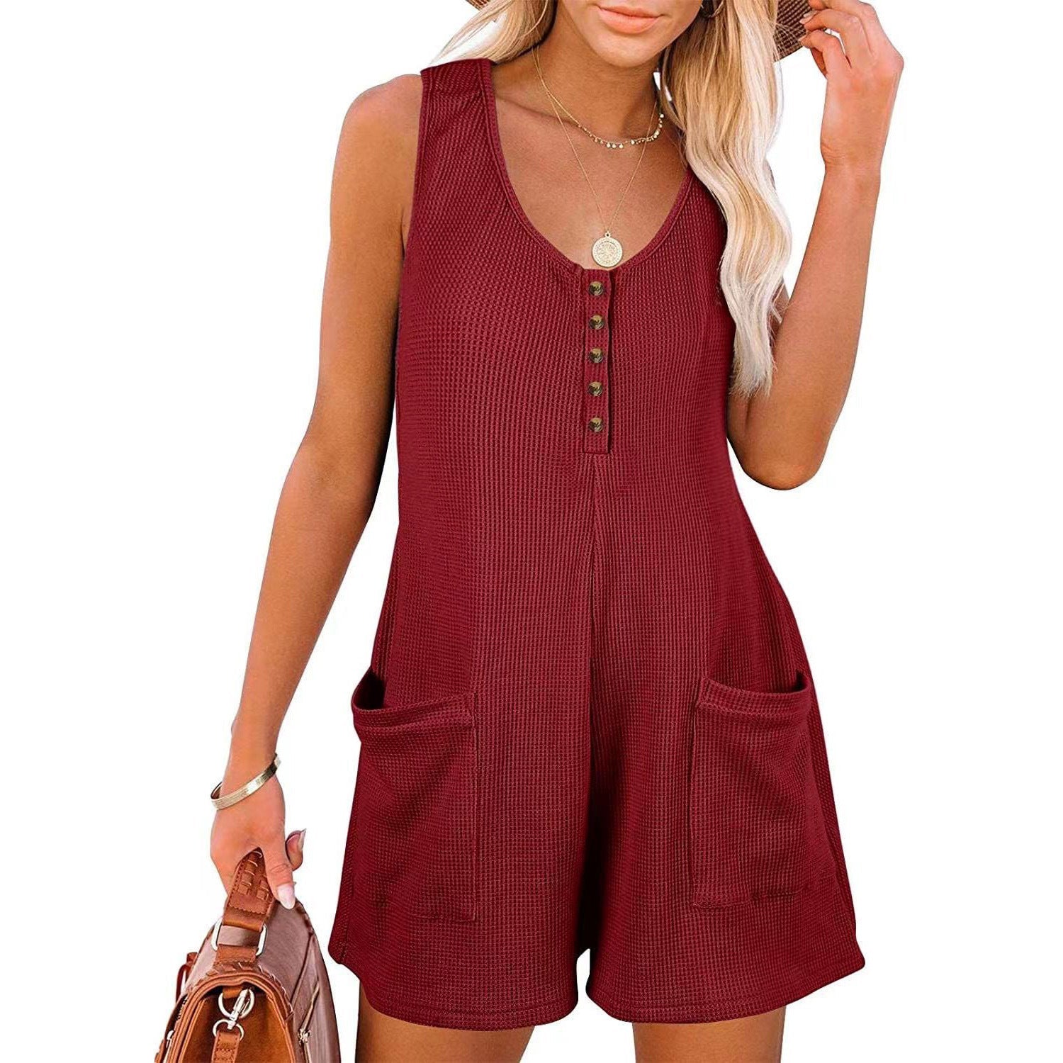 Casual Summer Sleeveless Short Jumpsuits for Women-Jumpsuits & Rompers-Wine Red-S-Free Shipping Leatheretro