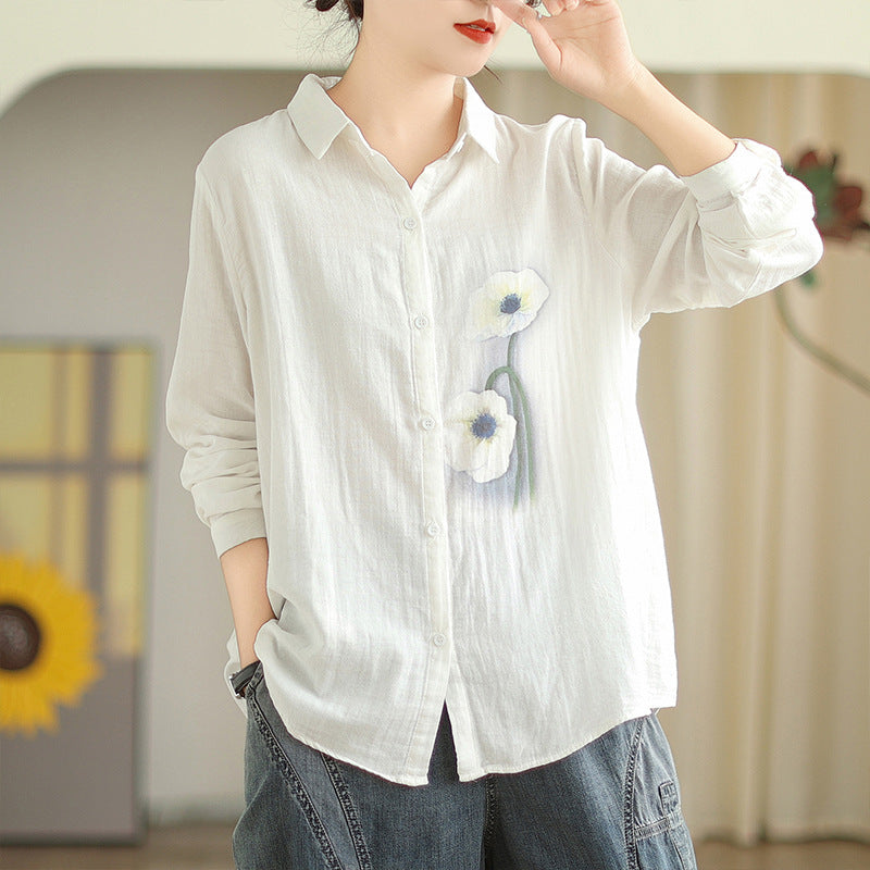 Leisure Linen Long Sleeves Shirts for Women-Shirts & Tops-A-M-Free Shipping Leatheretro