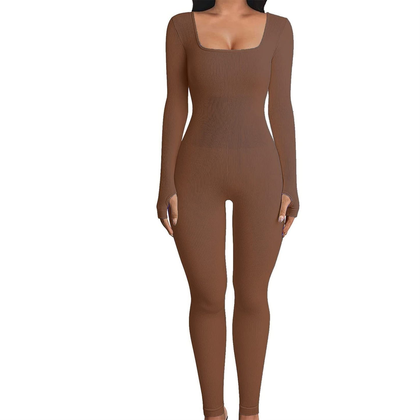 Sexy Long Sleeves Yoga Sports Jumpsuits-Jumpsuits & Rompers-Brown-S-Free Shipping Leatheretro