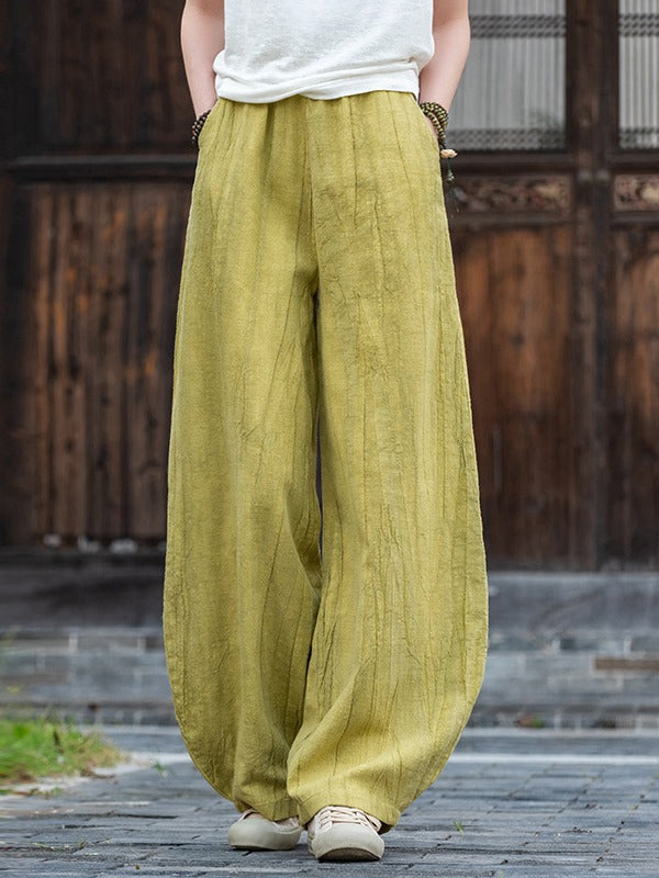 Casual Dyed Linen Wide Legs Pants-Pants-Yellow-S-Free Shipping Leatheretro