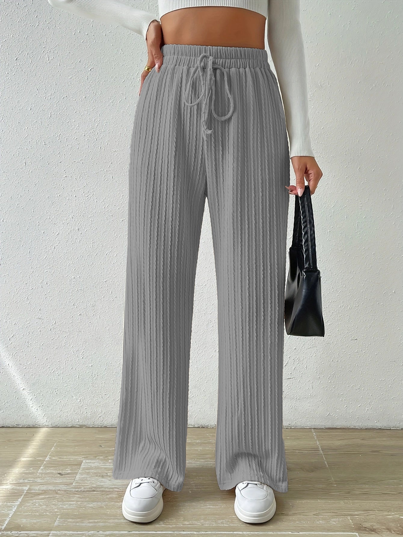 Casual Elastic High Waist Wide Legs Pants for Women-Pants-Gray-S-Free Shipping Leatheretro