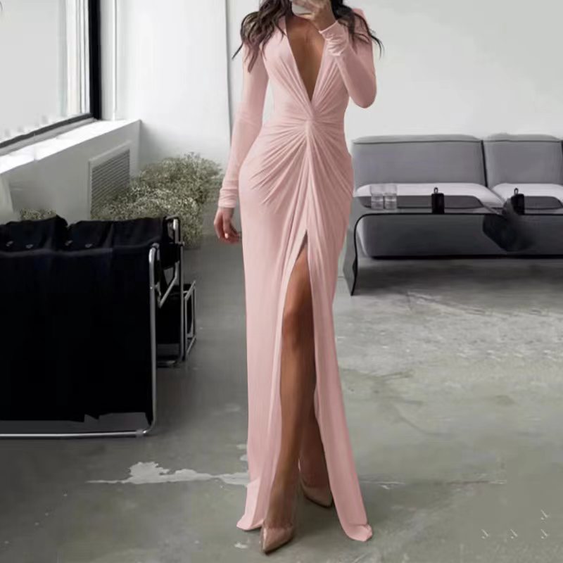 Sexy V Neck Long Sleeves Sheath Dresses-Dresses-Pink-S-Free Shipping Leatheretro