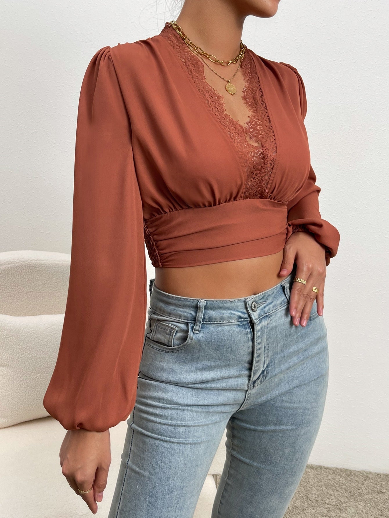 Sexy Long Sleeves Lace Tops for Women-Shirts & Tops-Brown-S-Free Shipping Leatheretro
