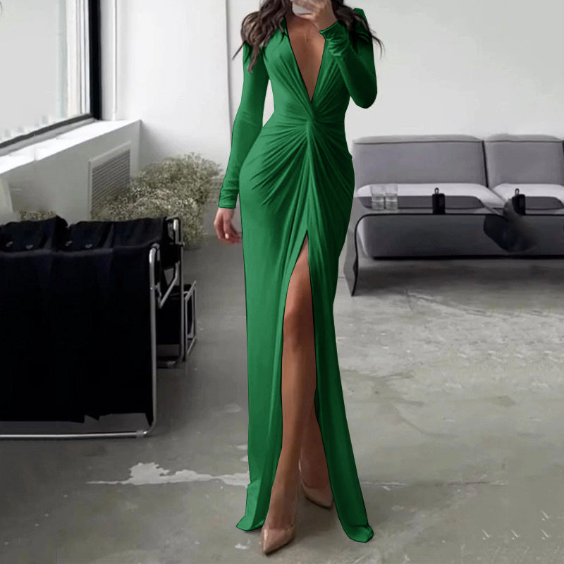 Sexy V Neck Long Sleeves Sheath Dresses-Dresses-Green-S-Free Shipping Leatheretro
