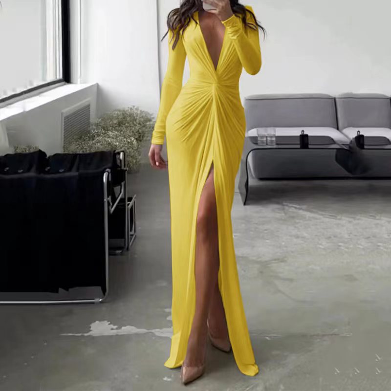 Sexy V Neck Long Sleeves Sheath Dresses-Dresses-Yellow-S-Free Shipping Leatheretro