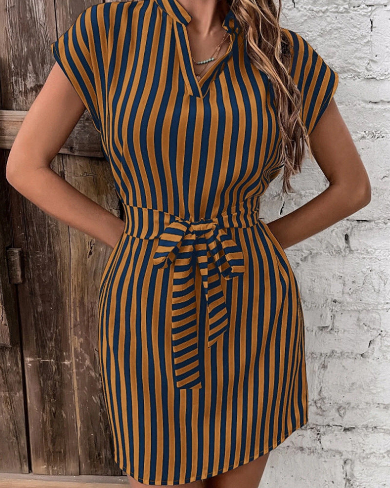 Casual Sleeveless Striped Mini Dresses-Dresses-Brown-S-Free Shipping Leatheretro