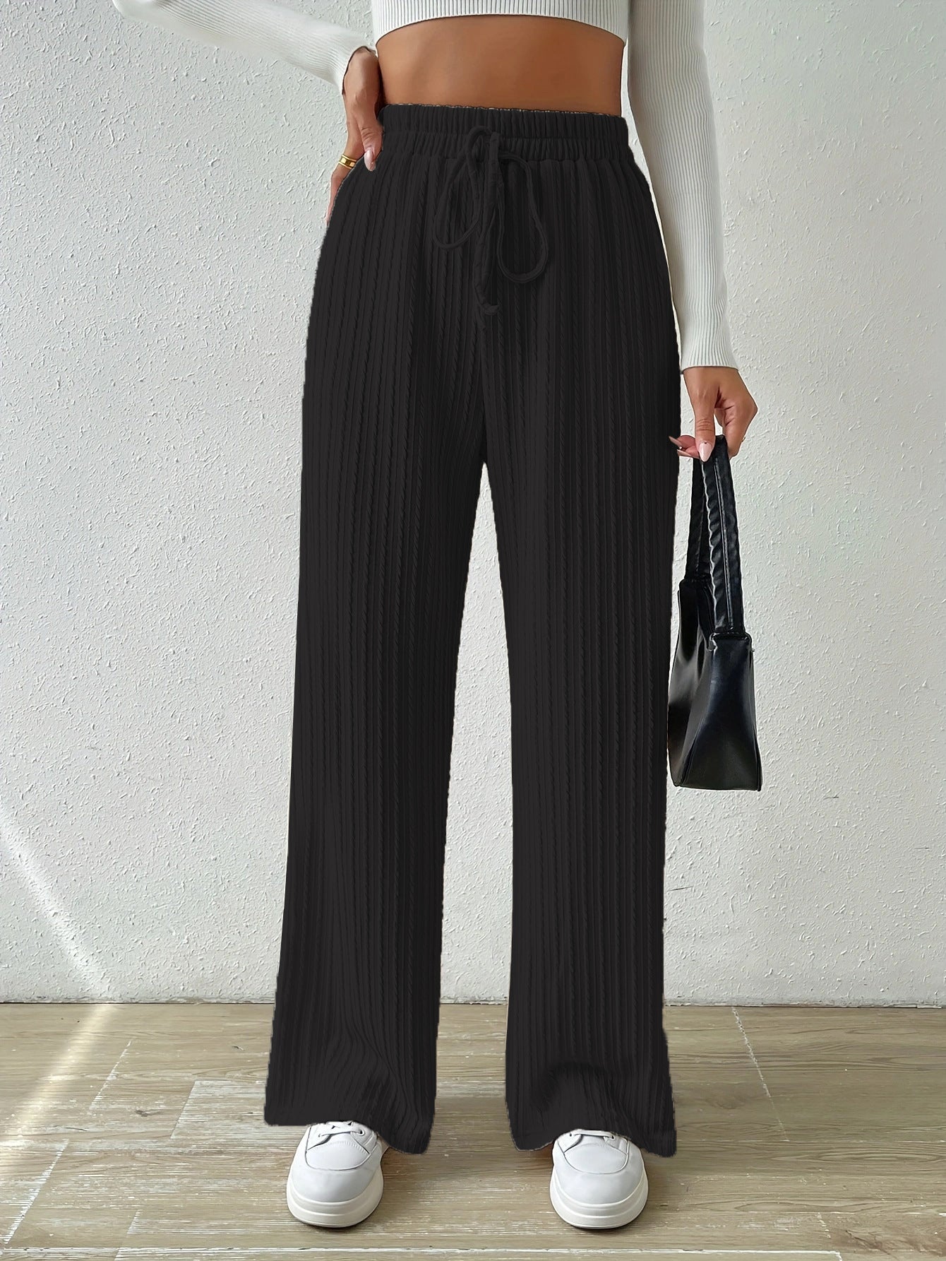 Casual Elastic High Waist Wide Legs Pants for Women-Pants-Black-S-Free Shipping Leatheretro