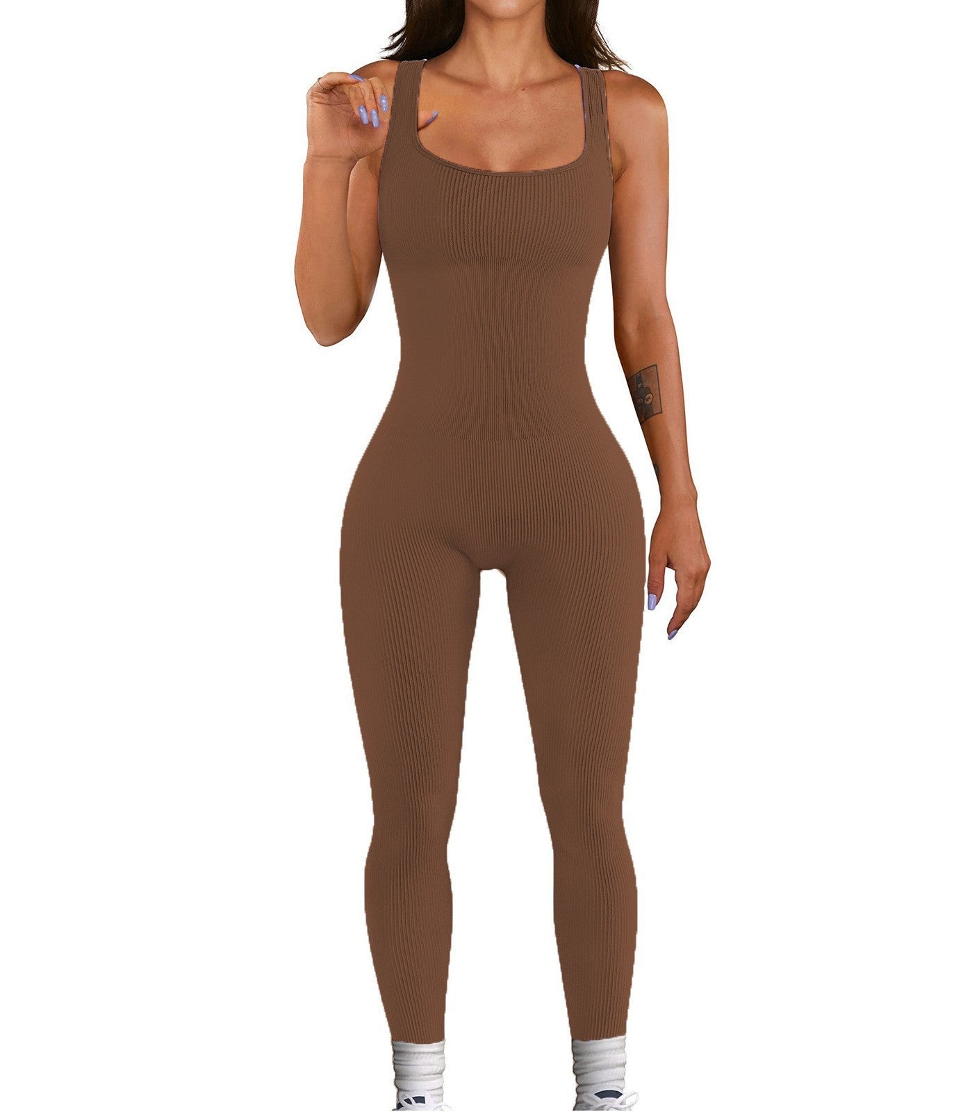 Sexy Square Neckline Sleeveless Jumpsuits-Jumpsuits & Rompers-Brown-S-Free Shipping Leatheretro