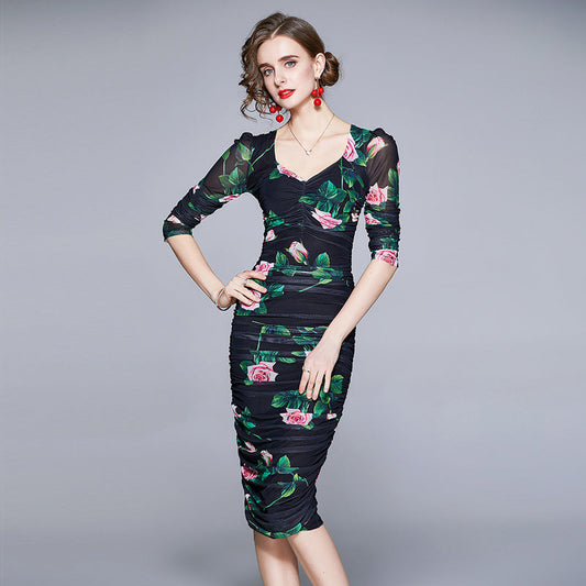Sexy Designed Square Neckline Floral Print Midi Sheath Dresses-Dresses-The same as-M-Free Shipping Leatheretro