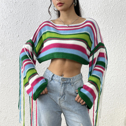 Sexy Rainbow Striped Tassels Short Knitted Blouses-Shirts & Tops-B-S-Free Shipping Leatheretro