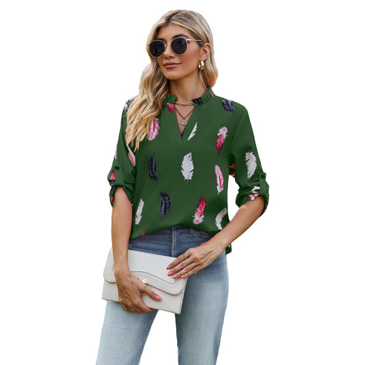 Casual Summer Feather Print 3/4 Sleeves Shirts-Shirts & Tops-Green-S-Free Shipping Leatheretro