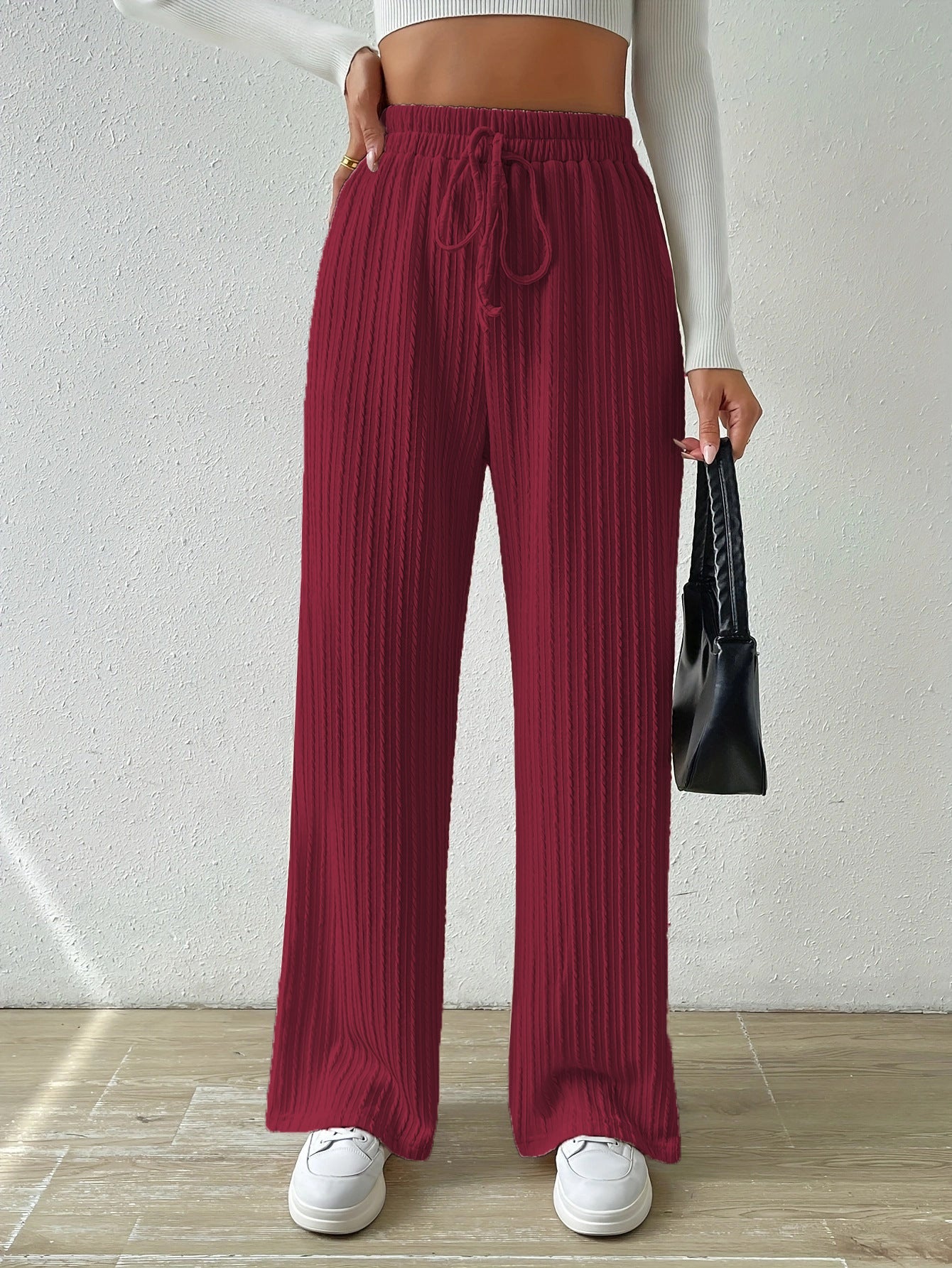 Casual Elastic High Waist Wide Legs Pants for Women-Pants-Wine Red-S-Free Shipping Leatheretro