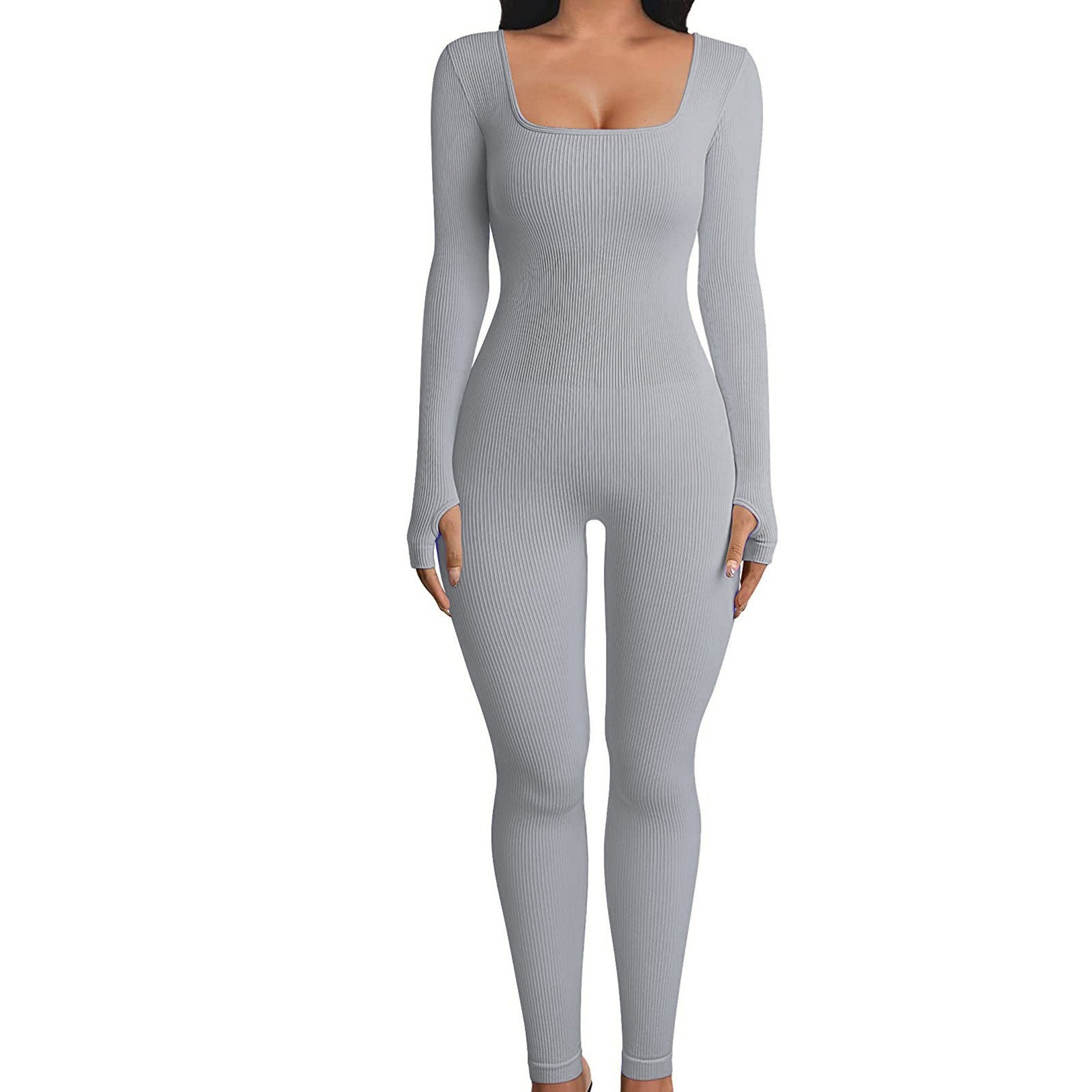 Sexy Long Sleeves Yoga Sports Jumpsuits-Jumpsuits & Rompers-Light Gray-S-Free Shipping Leatheretro