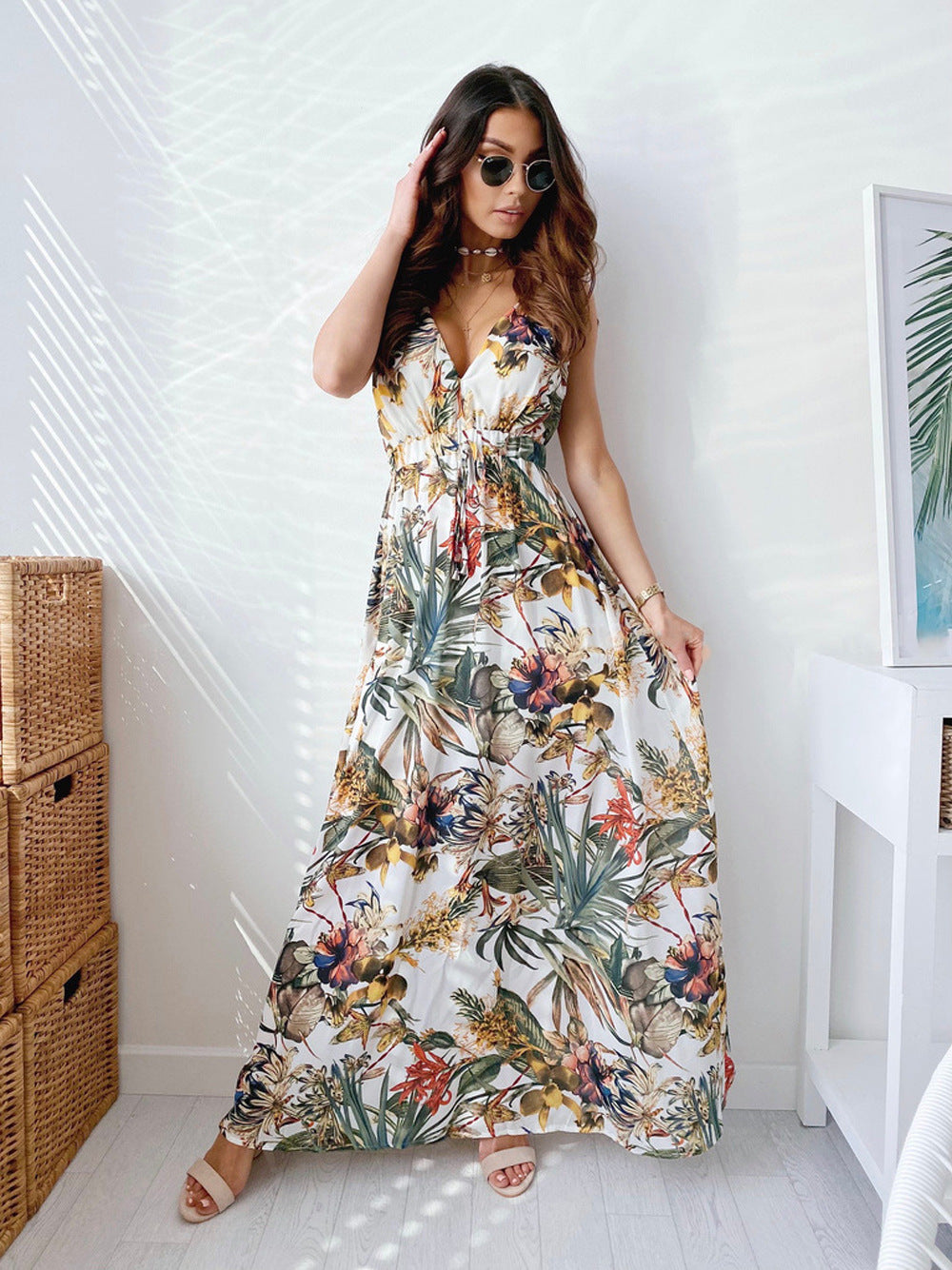 Casual Summer Floral Print Backless Vacation Dresses-Dresses-White-S-Free Shipping Leatheretro