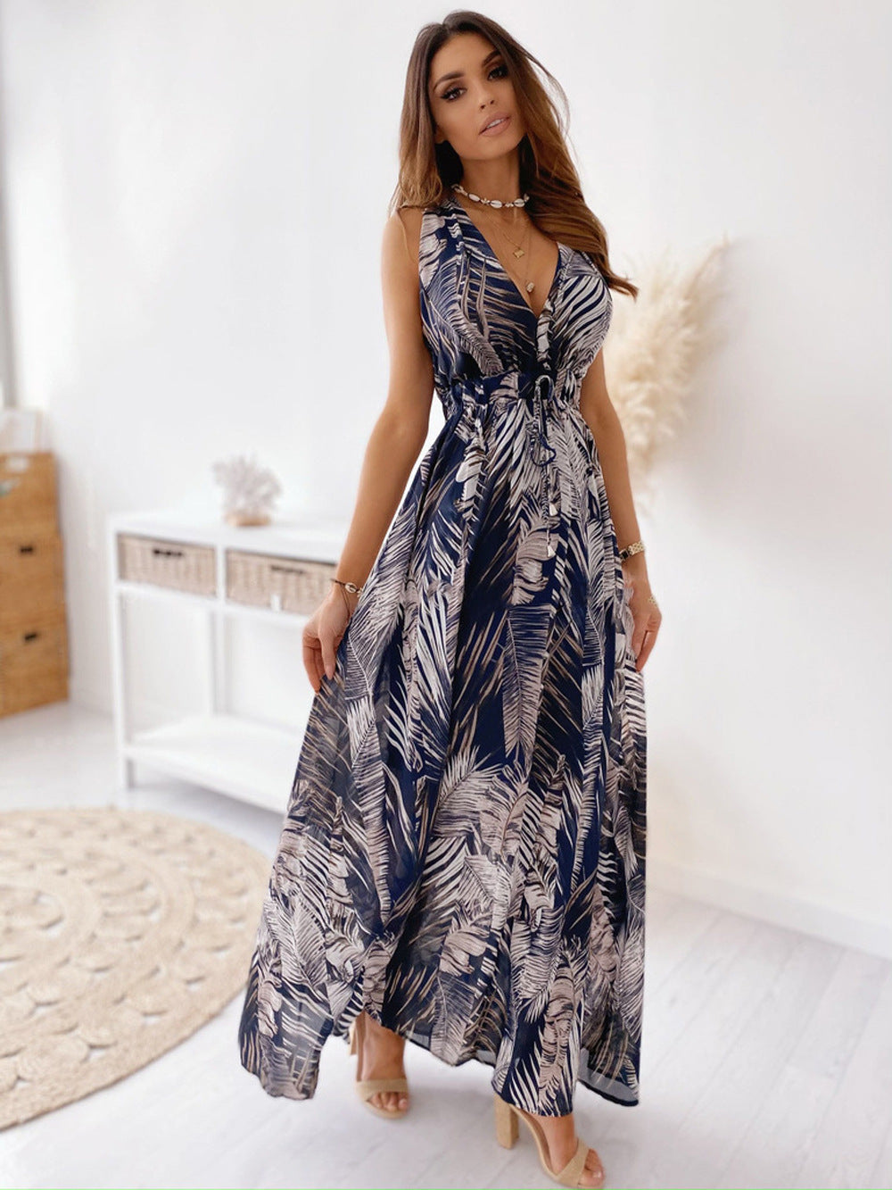 Casual Summer Floral Print Backless Vacation Dresses-Dresses-Blue-S-Free Shipping Leatheretro