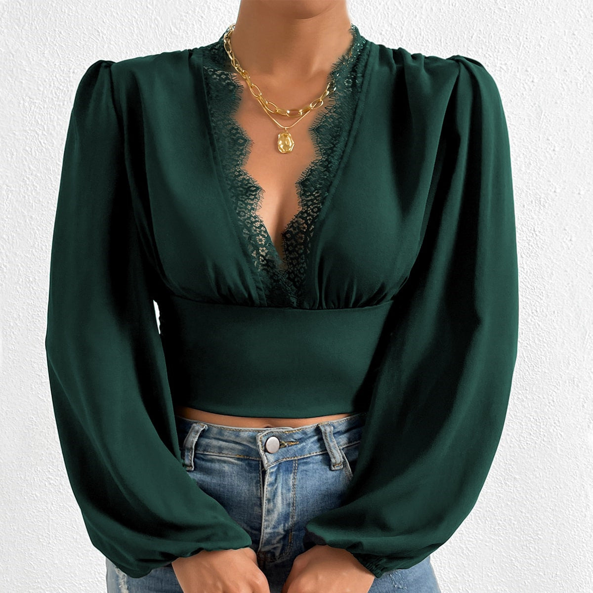 Sexy Long Sleeves Lace Tops for Women-Shirts & Tops-Green-S-Free Shipping Leatheretro