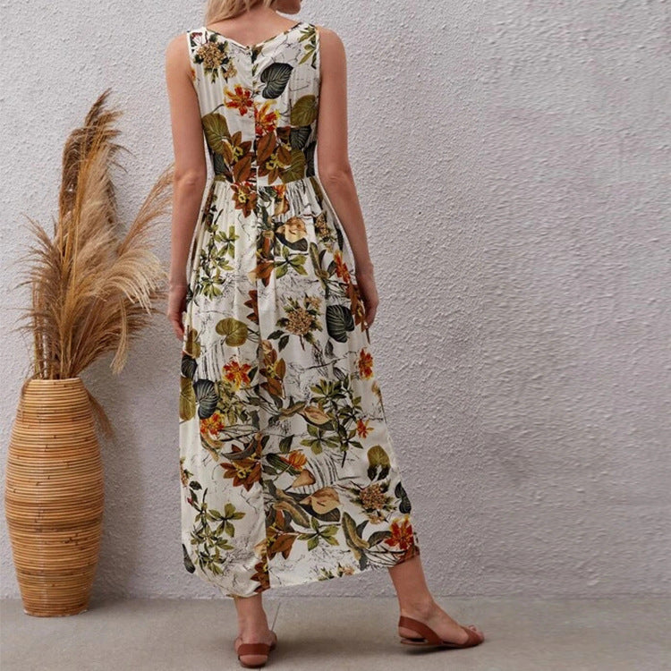 Fashion Floral Print Sleeveless Summer Long Dresses-Dresses-Apricot-S-Free Shipping Leatheretro