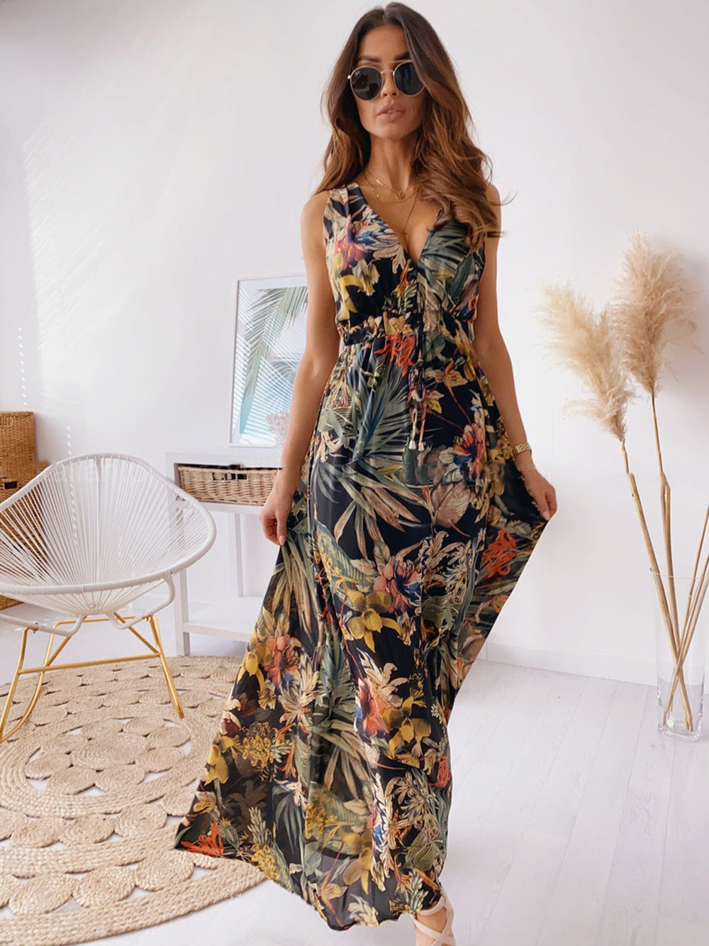 Casual Summer Floral Print Backless Vacation Dresses-Dresses-Black-S-Free Shipping Leatheretro