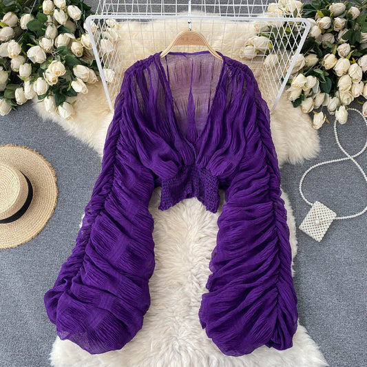 Designed Pleated Short Chiffon Top Blouses-Shirts & Tops-Purple-One Size-Free Shipping Leatheretro