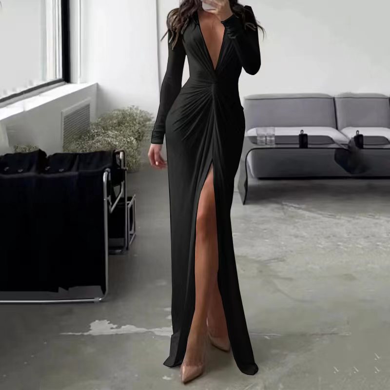 Sexy V Neck Long Sleeves Sheath Dresses-Dresses-Black-S-Free Shipping Leatheretro