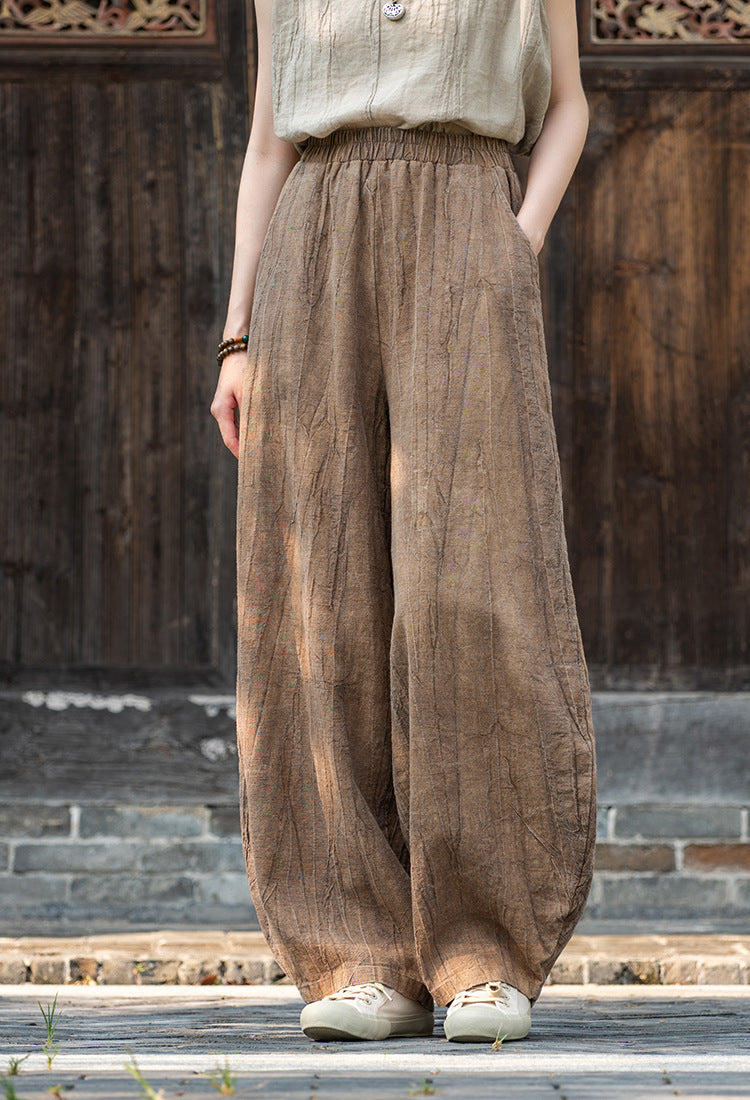 Casual Dyed Linen Wide Legs Pants-Pants-Brown-S-Free Shipping Leatheretro