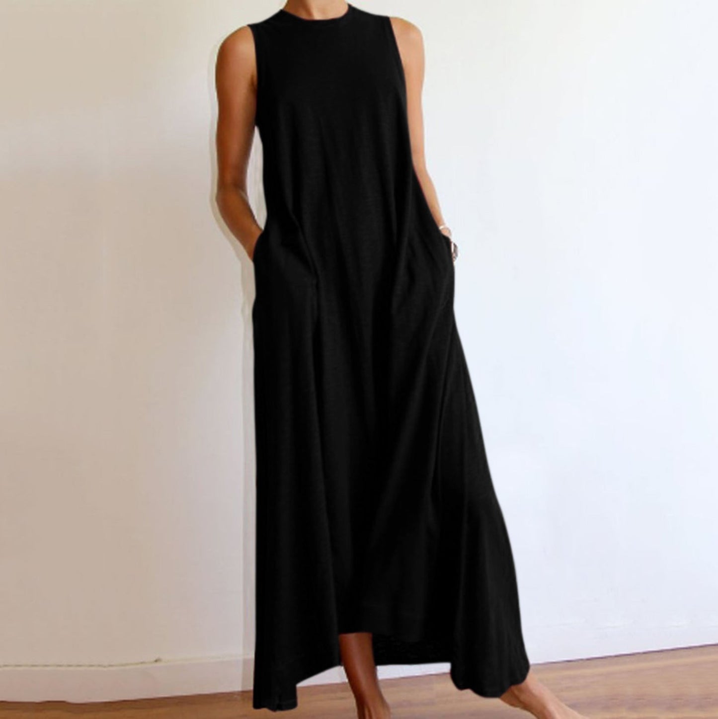 Simple Solid Sleeveless Round-neck Long Dress-Cozy Dresses q-BLACK-L-Free Shipping Leatheretro