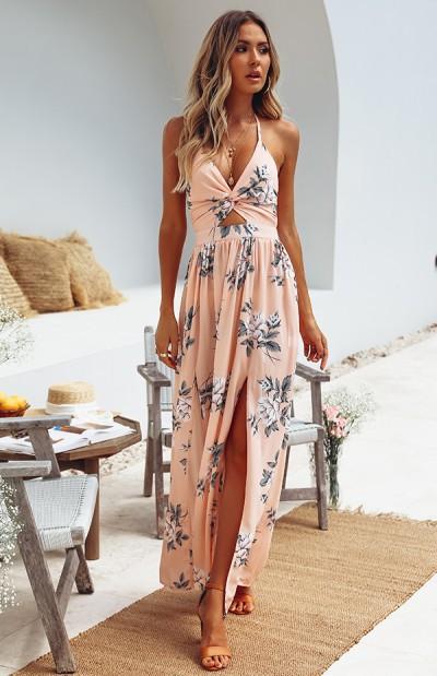 Sexy Halter Chiffon Long Beach Dresses-Boho Dresses-Pink-S-Free Shipping Leatheretro