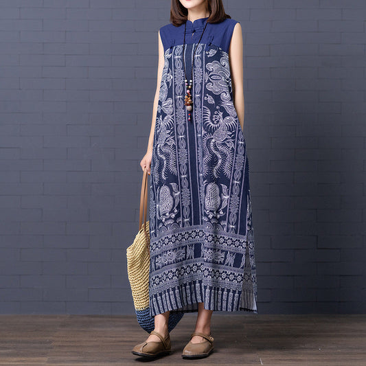 Vintage Linen Sleeveless Plus Sizes Women Long Dresses-Dresses-Blue-L-Free Shipping Leatheretro