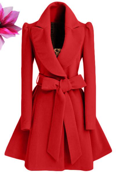 Women Slim Waist Overcoat with Belt-Outerwear-Red-S-Free Shipping Leatheretro
