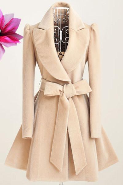 Women Slim Waist Overcoat with Belt-Outerwear-Apricot-S-Free Shipping Leatheretro