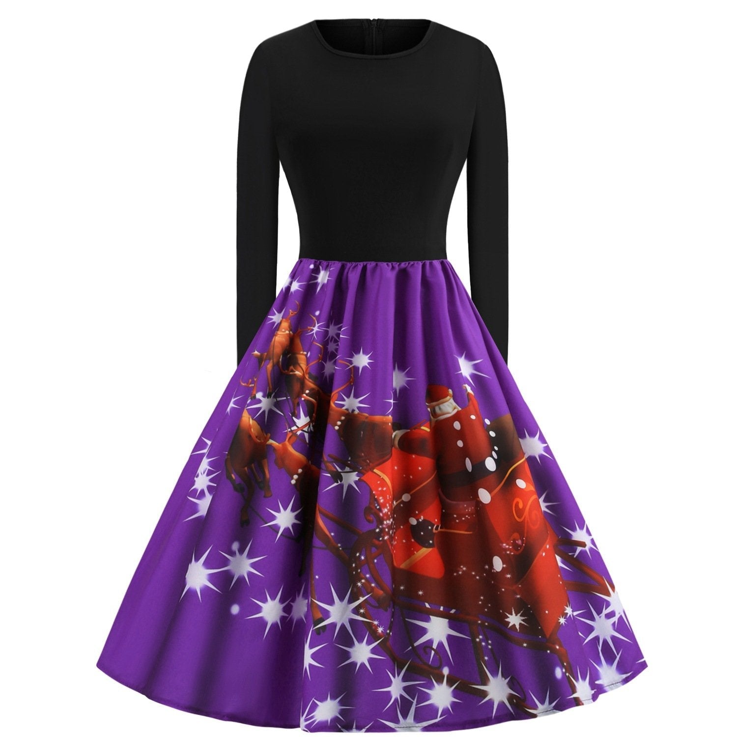 Merry Christmas Sled Round Neck Long Sleeves Women Dresses-Vintage Dresses-Purple-S-Free Shipping Leatheretro