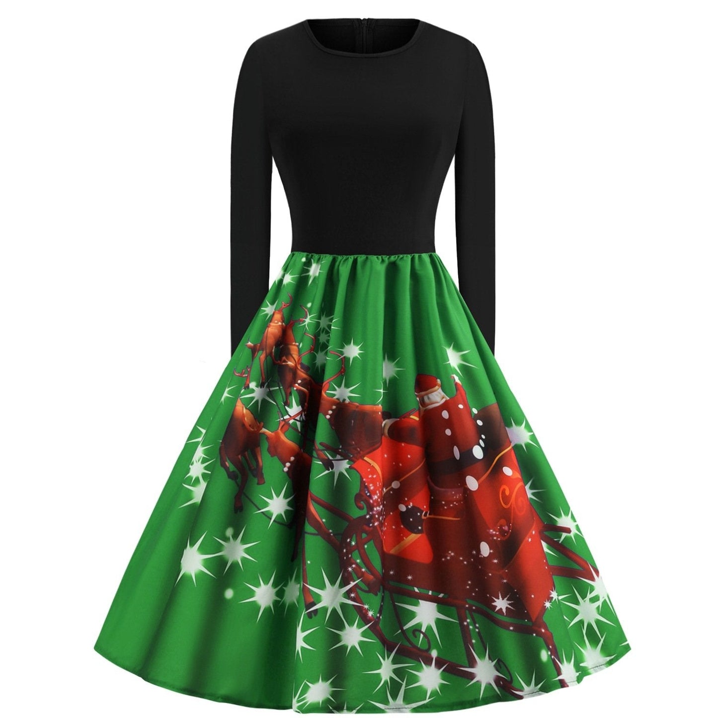 Merry Christmas Sled Round Neck Long Sleeves Women Dresses-Vintage Dresses-Green-S-Free Shipping Leatheretro