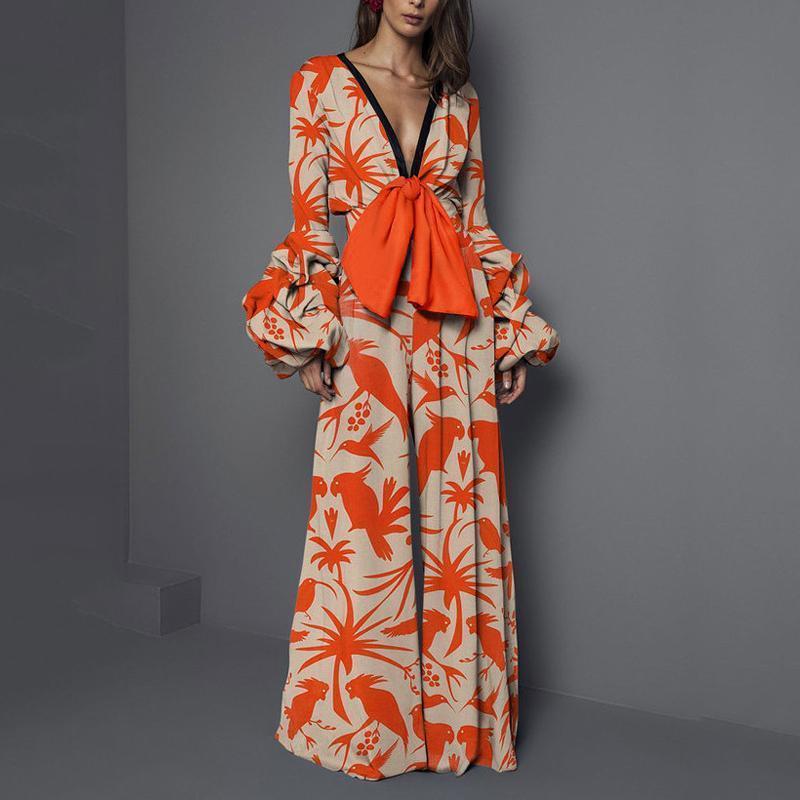 Women Sexy Bow Design Long Sleeves Jumpsuits-Jumpsuits-Orange-S-Free Shipping Leatheretro
