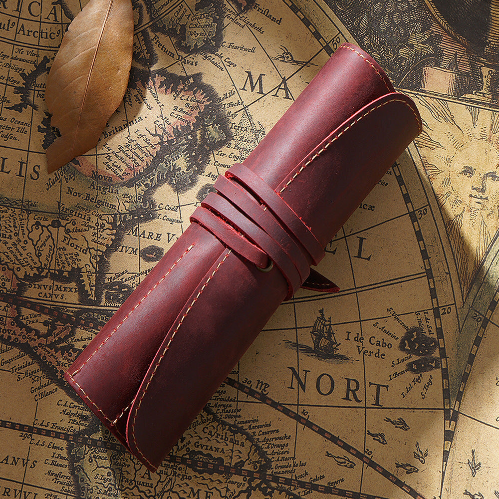 Vintage Cowhide Leather Pen Case T20-Leather Pen Cases-Wine Red-Free Shipping Leatheretro