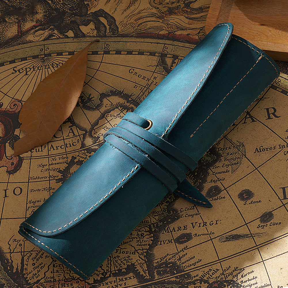 Vintage Cowhide Leather Pen Case T20-Leather Pen Cases-Blue-Free Shipping Leatheretro