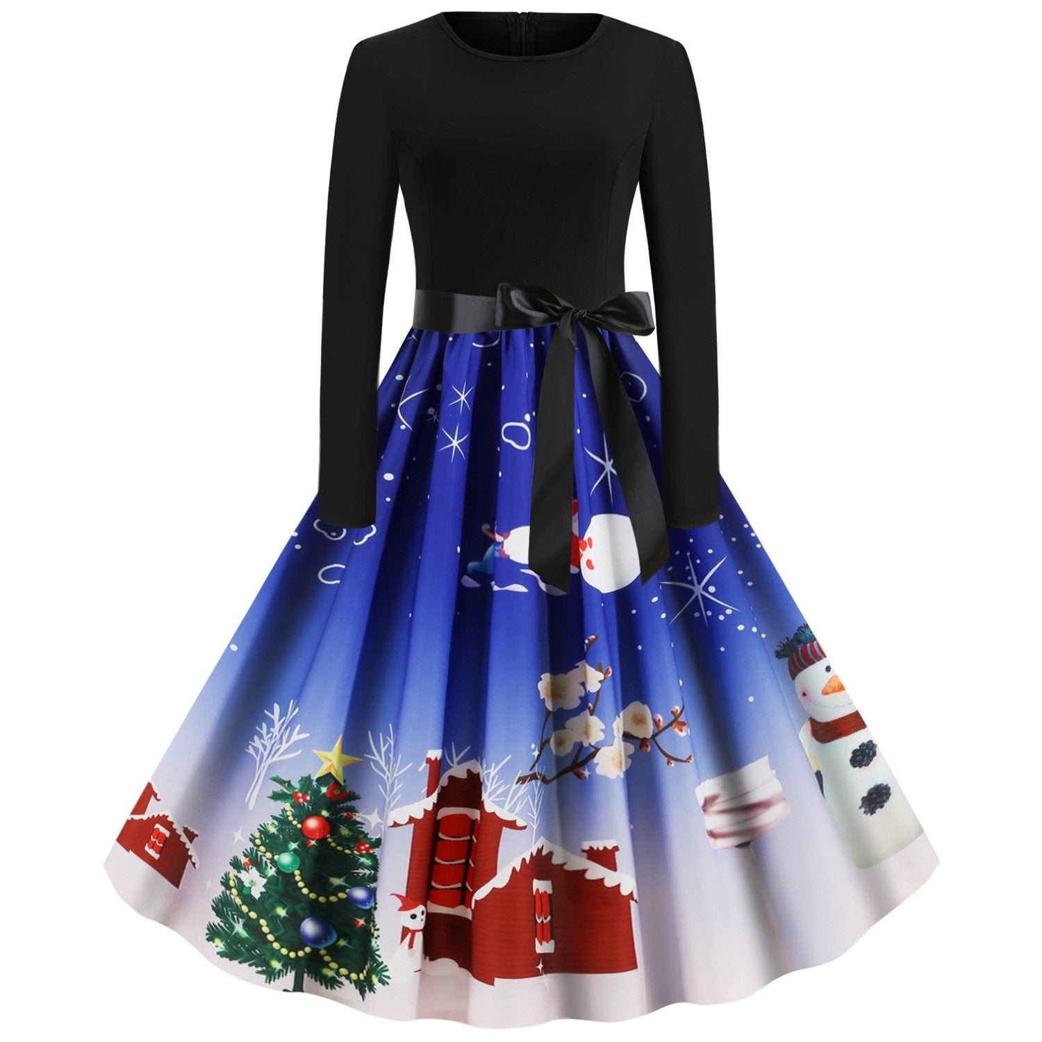 Christmas Vintage Round Neck Women Dresses-Christmas-Blue-S-Free Shipping Leatheretro