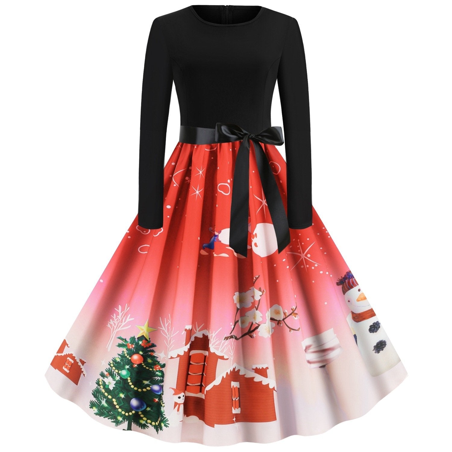 Christmas Vintage Round Neck Women Dresses-Christmas-Red-S-Free Shipping Leatheretro